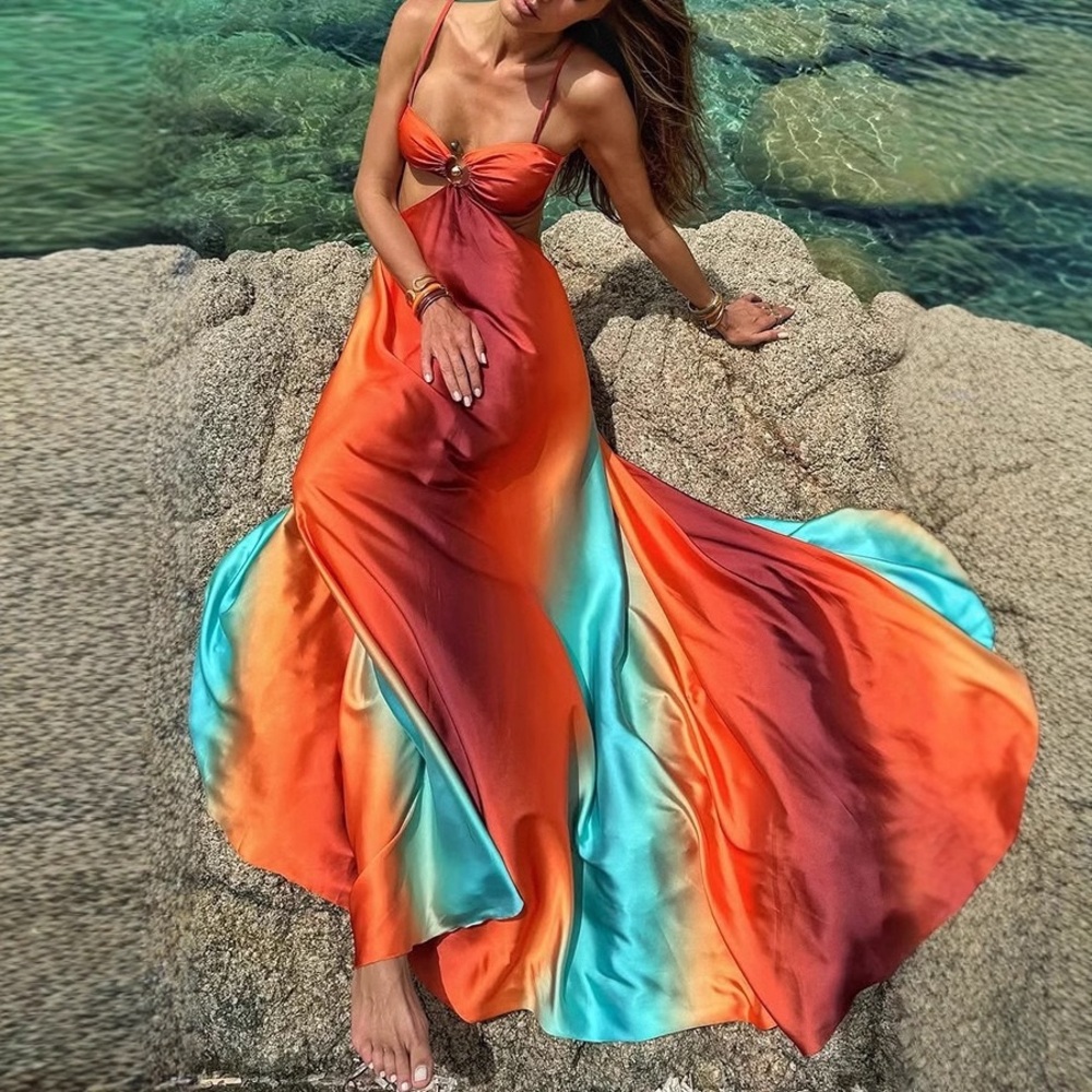 Zimmermann Orange Gradient Slip Maxi Dress with Teal Accents - Picture 1 of 4